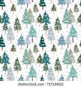 Christmas fir forest on the white background with blue snow. Vector seamless pattern. Winter illustration. Top view.