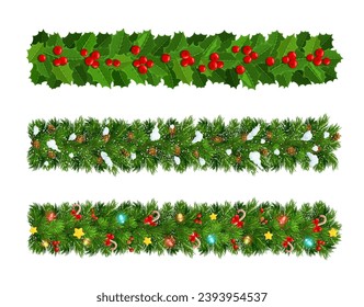 Christmas fir frame border, isolated vector lush green branches decorated with festive garland, stars, candy canes. Holy berry leaves and berries, snow or pine cones. Realistic 3d holiday season decor