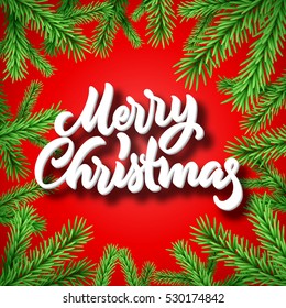 Christmas fir frame with Merry Christmas calligraphic lettering
