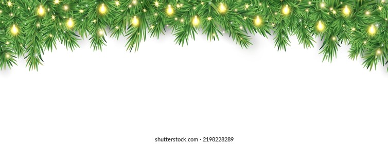 Christmas fir garland border with glowing light bulb and glitter stars. Holiday branch frame. Festive winter decor. Season greeting. New Year decoration. Winter celebration. Vector illustration.