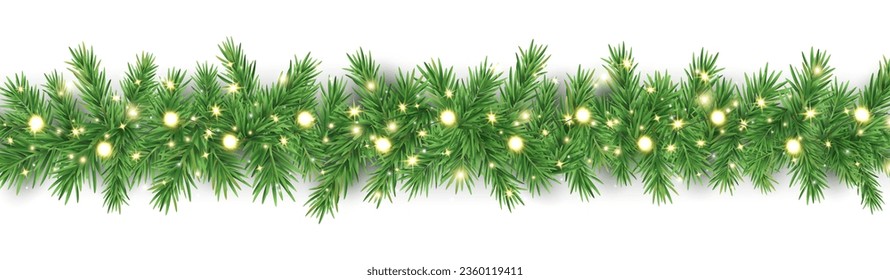 Christmas fir garland border. Xmas tree branches with gold light. Glitter luxury decoration. Golden neon bulb frame. Holiday glow particle. Magic star. Celebration party design. Vector illustration.