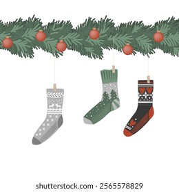 Christmas Fir garland decorated with cozy socks and red balls. Border for cards and Xmas decor, vector illustration.