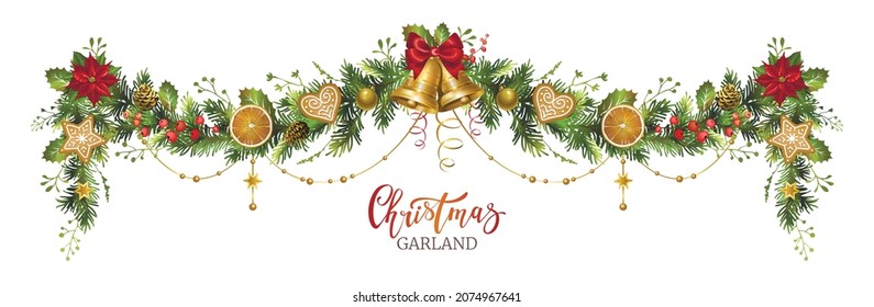 Christmas fir garland with jingle bells, poinsettia flower, red berries, orange slices and gingerbread cookies. Vector illustration.