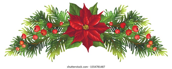 Christmas fir garland with poinsettia flower and red berries. Vector illustration.