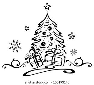 Christmas fir with gifts and snowflakes.