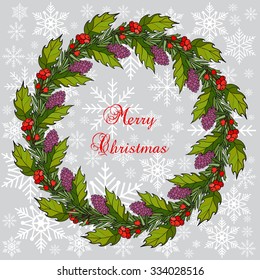 Christmas  fir and holly tree wreath with green leaves and red berries. Vector illustration