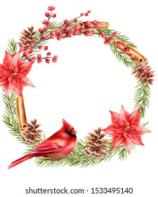 Christmas fir leaves wreath with red bird, berries, cinnamon sticks, flowers and pine cone. Greeting card wreath