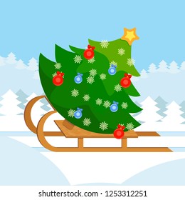 christmas fir on sleigh in winter forest vector