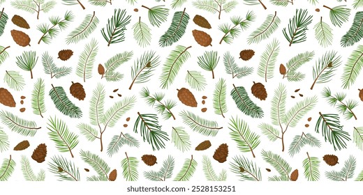 Christmas fir and pine cone seamless pattern, branch tree, evergreen spruce, New Year background. Cartoon Xmas decoration. Holiday nature bg. Vector illustration