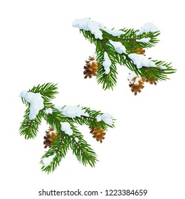 Christmas fir and pine tree branches covered with snow. Merry Christmas and Happy New Year vector Xmas tree decoration with cones and snowflakes