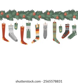 Christmas Fir seamless garland decorated with cozy socks and red balls. Border for cards and Xmas decor, vector illustration