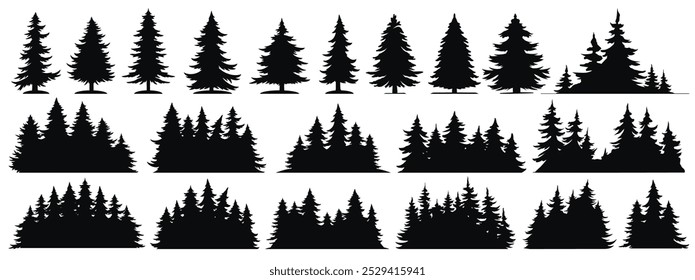 Christmas fir set stickers monochrome with silhouettes of coniferous evergreen trees for winter and New Year decorations vector illustration