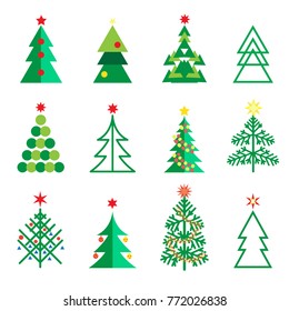 Christmas fir tree abstract geometric icons set. Fir tree isolated on white for Happy New Year, Christmas Winter Holiday decoration fir tree, snowflake christmas balls, star, gift, symbols, web vector