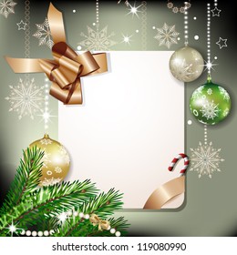 Christmas fir tree with banner , ribbon  and christmas decorations