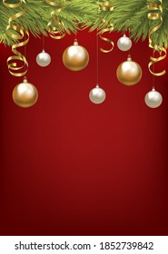 Christmas fir tree with baubles and golden serpentine. Christmas card
