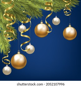 Christmas fir tree with baubles and golden serpentine. Christmas card