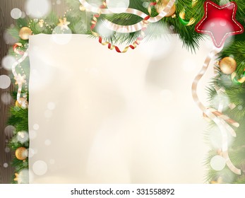 Christmas Fir Tree Border over Vintage background. EPS 10 vector file included