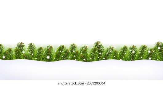 Borde De Árbol Fir De Navidad Con Fondo Blanco Aislado De Nieve Con Malla De Gradiente, Ilustración Vector