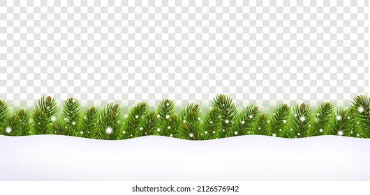 Christmas Fir Tree Border With Snow Isolated Transparent Background With Gradient Mesh, Vector Illustration