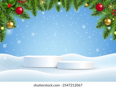 Christmas Fir Tree Border And White Podiums With Gradient Mesh, Vector Illustration