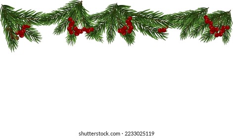 Christmas fir tree branch border. Christmas tree branch with holly berries on a white background. Festive design for the winter holidays, events, discounts, and sales. Vector illustration.