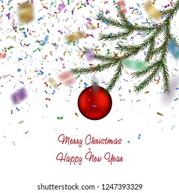 Christmas fir tree branch, canfetti and red bauble. Xmas ball with decoration. Vector holiday illustration.