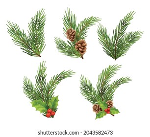 Christmas fir tree branch decorations watercolor style. Holly berry, pine, pine cone, spruce, isolated on white background.
