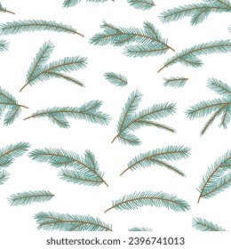 Christmas Fir Tree Branch Seamless Pattern. New year green sketch branches. Firtree or pine. Xmas spruce decoration hand drawn wallpaper. Cartoon drawing doodle vector illustration backdrop