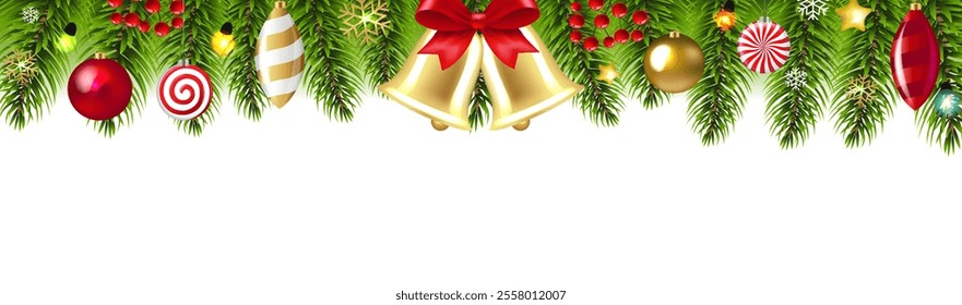 Christmas Fir Tree Branch With Christmas Toys White Background With Gradient Mesh, Vector Illustration