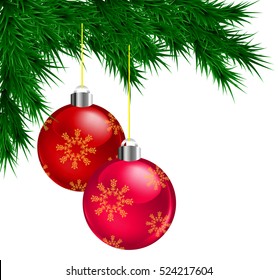 Christmas fir tree branches with balls decoration isolated on white background with copy space. Vector eps10 illustration