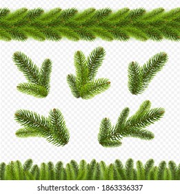 Christmas Fir Tree Branches Borders Transparent Background, Vector Illustration