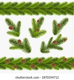 Christmas Fir Tree Branches And Cones Borders Transparent Background With Gradient Mesh, Vector Illustration
