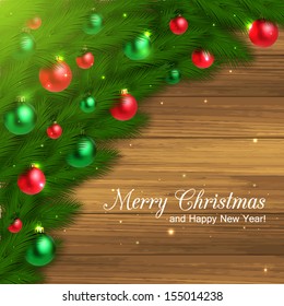 Christmas fir tree branches, green balls and snowflakes on wooden background. Vector illustration.