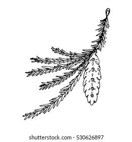 Christmas fir tree branches with toy. Fir branches. Hand drawn graphics holiday illustration. Cartoon isolated on white background. Festive design for New Year prints, invitations, decoration, cards.