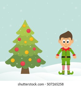 christmas fir tree with cartoon elf boy
