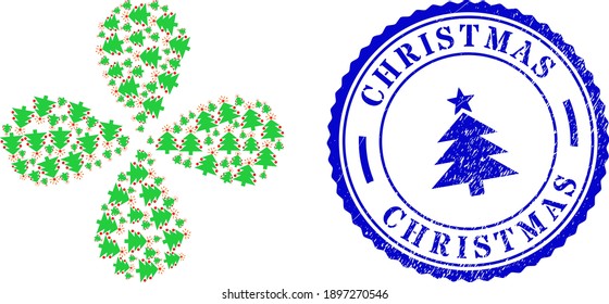 Christmas fir tree curl flower with four petals, and blue round CHRISTMAS scratched seal with icon inside. Object centrifugal explosion combined from oriented christmas fir tree symbols.
