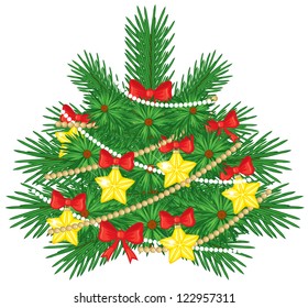 Christmas fir tree decorated with bows, stars and beads