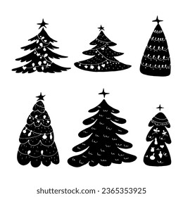 Christmas Fir Tree Decorated with Star and Baubles Doodle Contour Vector Set. Merry Winter Holiday