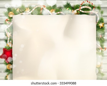 Christmas fir tree with decoration on a wooden board. EPS 10 vector file included