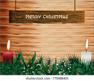 Christmas fir tree with decoration on wooden board. 