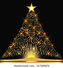 Christmas fir tree from digital electronic circuit with glowing star and sparkle lamps