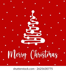 Christmas fir tree in doodle style for greeting card. Hand drawn fir tree with decorative swirls and circles on red background. Concept festive greeting card for sending Merry Christmas wishes.