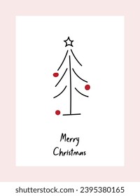 Christmas fir tree. Funny Christmas card with Christmas tree and balls. greeting card design, minimalism line drawing of christmas tree. Vector illustration minimalistic design