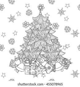 Christmas fir tree with gifts. Hand drawn doodle zen art.Adult anti stress coloring book or tattoo