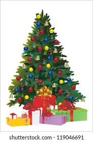 Christmas fir tree and gifts over white background