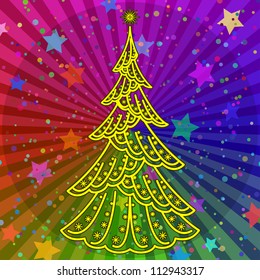 Christmas fir tree, holiday contour symbol on abstract rainbow background. Vector