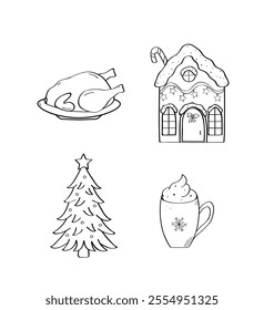 Christmas fir tree, hot chocolate, gingerbread house and turkey. Vector illustration of doodle icons.