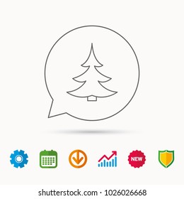 Christmas fir tree icon. Spruce sign. Winter forest symbol. Calendar, Graph chart and Cogwheel signs. Download and Shield web icons. Vector