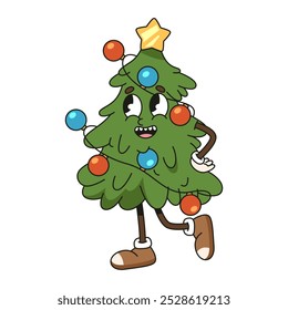 Christmas fir tree or New Year mascot decorated with bulbs. Vector print with comic face for winter eve or wintertime holiday. Funny element for greeting card or sign. Xmas celebration with garland.