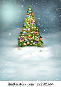 Christmas fir tree on winter landscape. EPS 10 vector file included